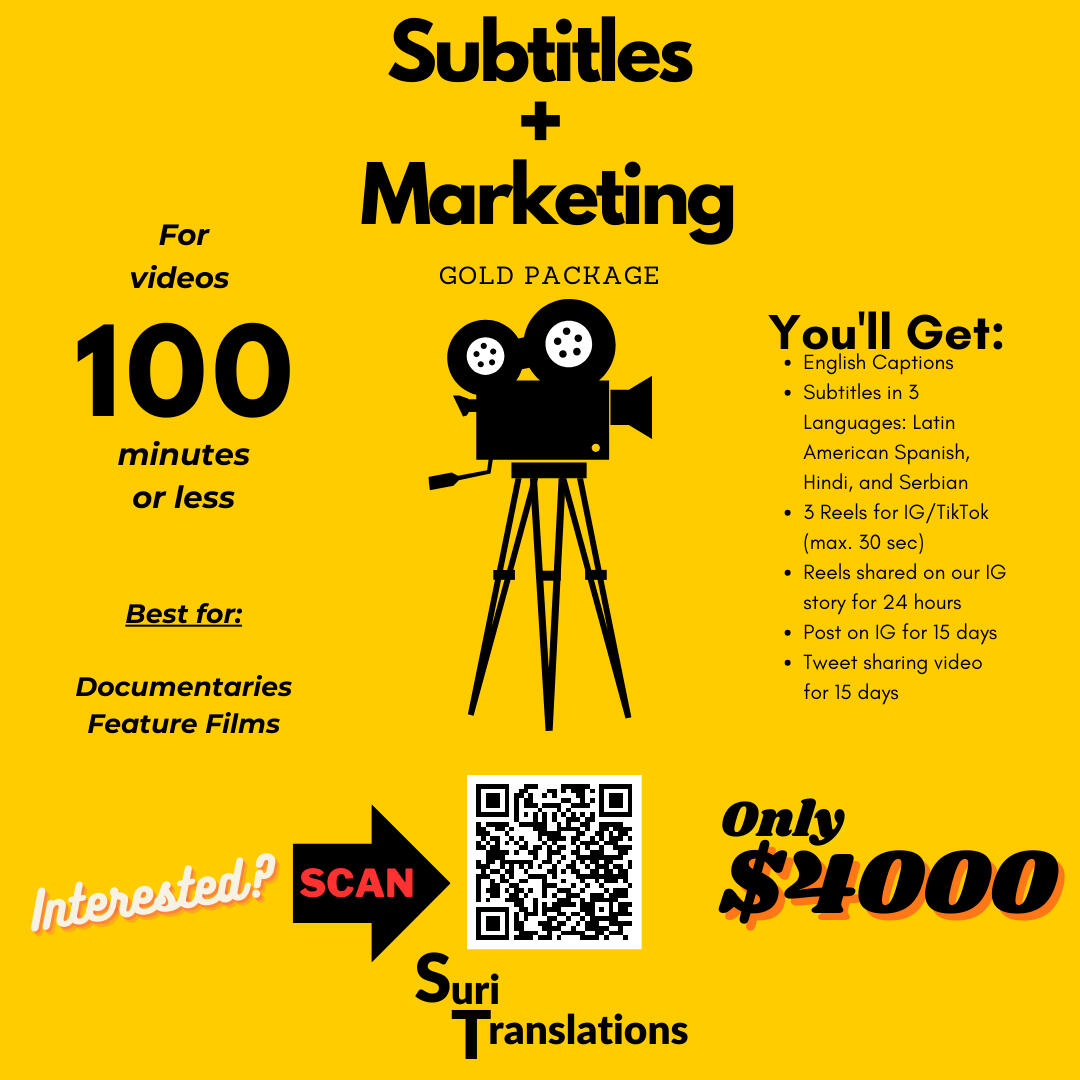 Gold: English Captions | Subtitles in 3 Languages: Latin American Spanish, Hindi, and Serbian | 3 Reels for IG/TikTok (max. 30 sec) | Reels shared on our IG story for 24 hours | Post on IG for 15 days | Tweet sharing video for 15 days