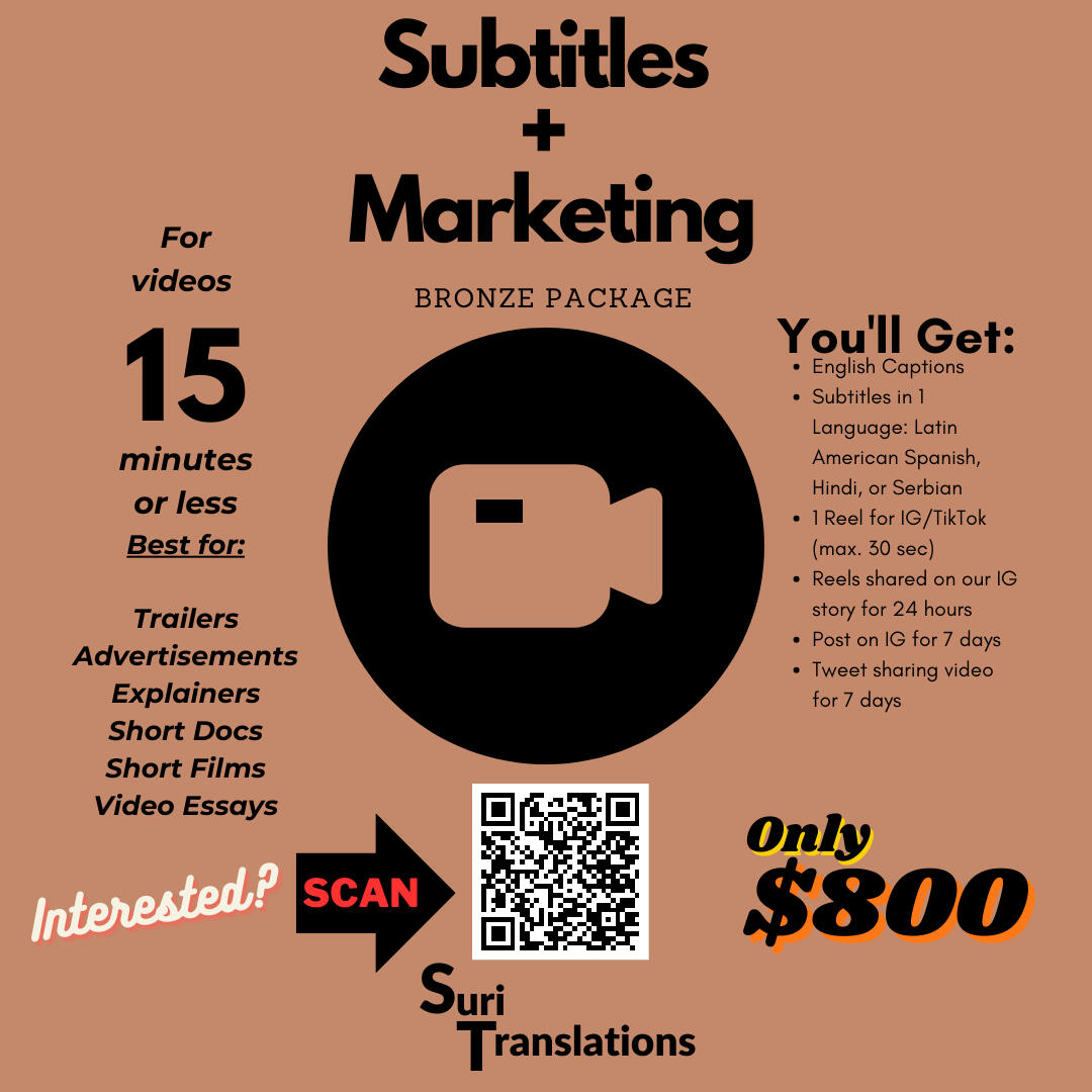 Bronze: English Captions | Subtitles in 1 Language: Latin American Spanish, Hindi, or Serbian | 1 Reel for IG/TikTok (max. 30 sec) | Reels shared on our IG story for 24 hours | Post on IG for 7 days | Tweet sharing video for 7 days